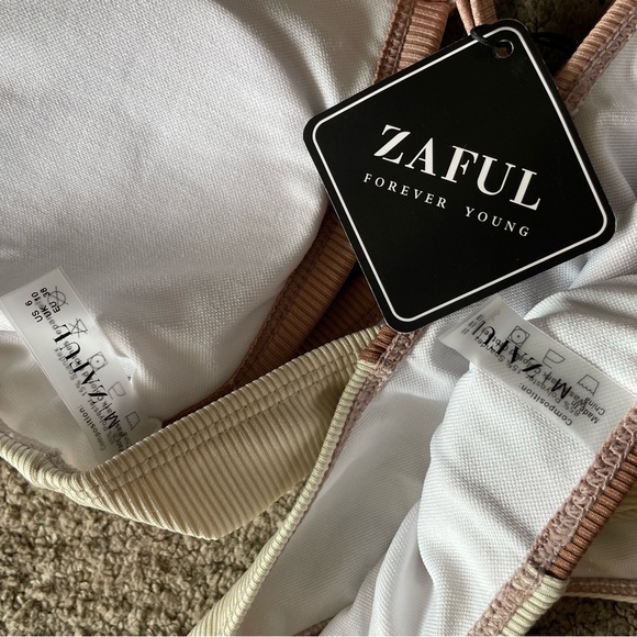 small Women’s swim bathing suit two piece set, tan/cream - Picture 3 of 4